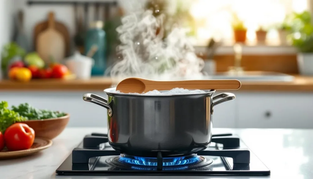 entdecken sie, wie ein einfacher holzlöffel, über einem topf platziert, effektiv das überkochen von speisen verhindert und ihre küche sauber hält.